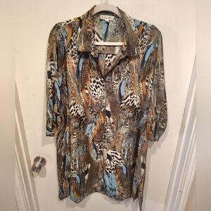 Indigo Rose Multicolor Feather Print Chiffon Longline Tunic Top 2X Artsy Casual